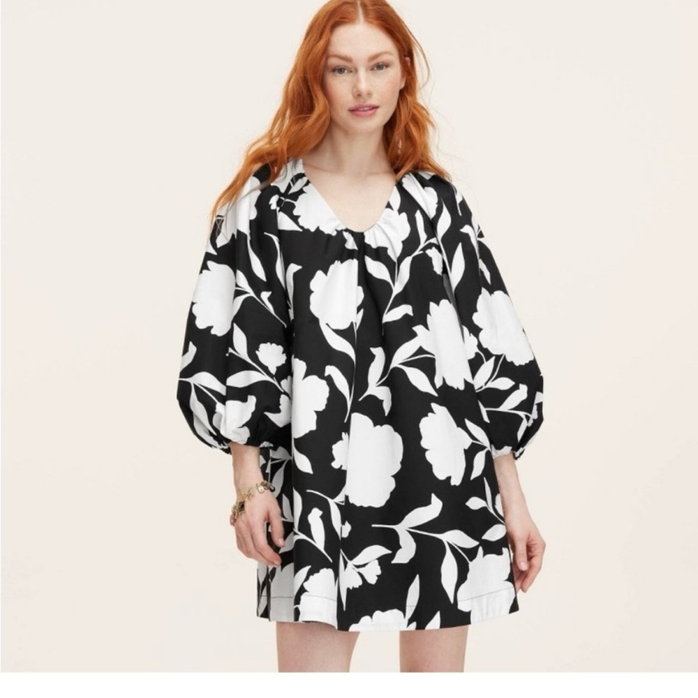 Classic Kate Spade Rose poplin long Sleeve mini Dress-Black/Cream Medium